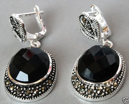 

Vintage Sterling Natural Faceted Black stone Onyx Marcasite Earrings earrings natural Luxury Ms. girl Wedding Jewelry