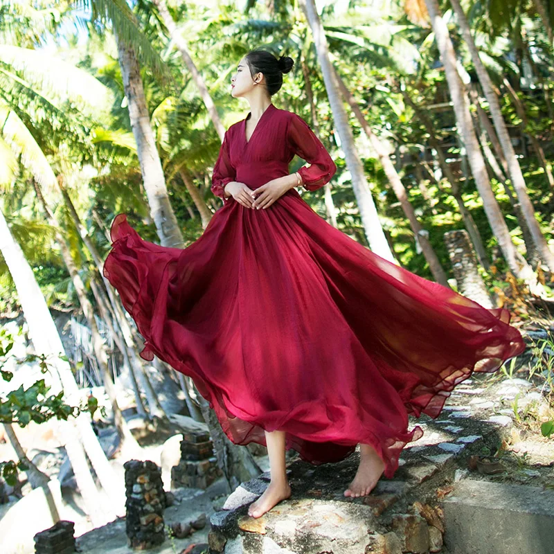 MM003 2020 летнее винтажное шифоновое платье с v образным вырезом и рукавом три