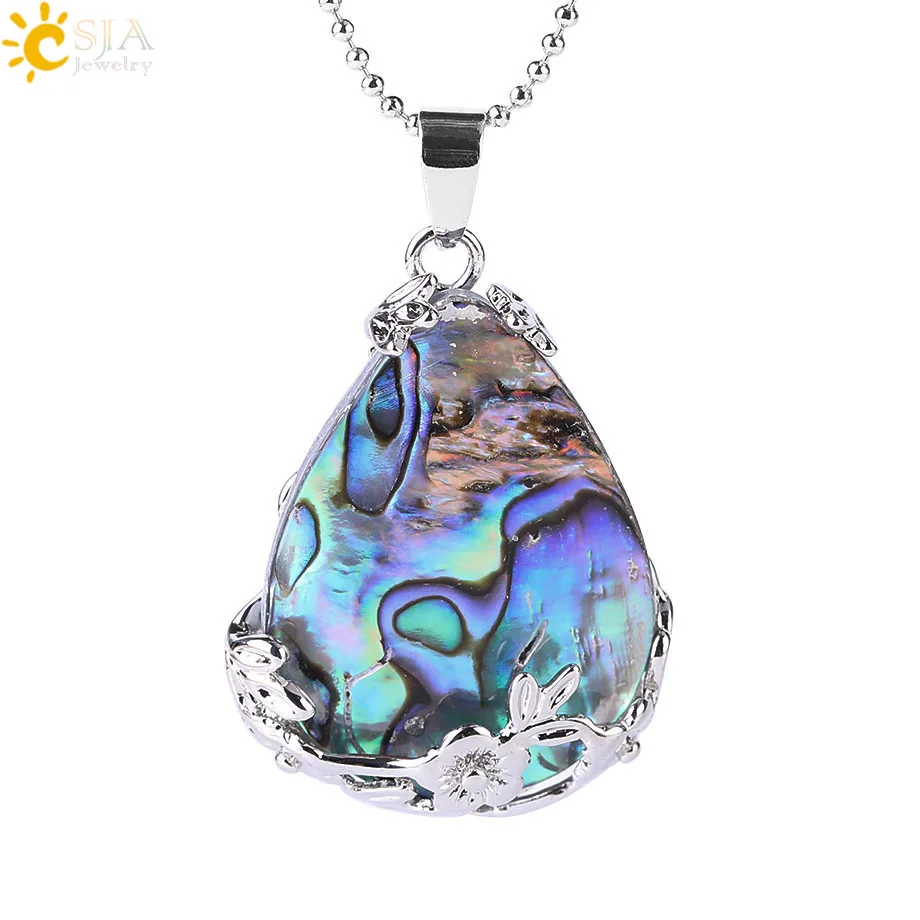 Necklace CSJA Новая Зеландия Абалон Швабра оболочки сплава Подвеска бусина в виде слезы натуральный драгоценный камень капли воды Пауа Ожерелье Женщины Мужчины рейки ювелирные изделия E460 - Окраска металла: Necklace