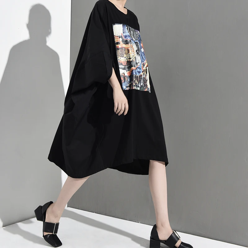 [EAM] Новинка, весенне-летнее платье с круглым вырезом, рукавом три четверти, с рисунком, свободное платье большого размера, женская мода, JR7750