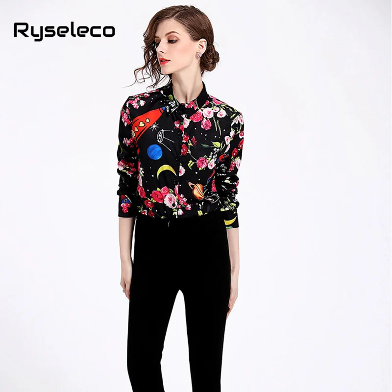 Брендовая дизайнерская черная блузка с цветочным принтом повседневная женская