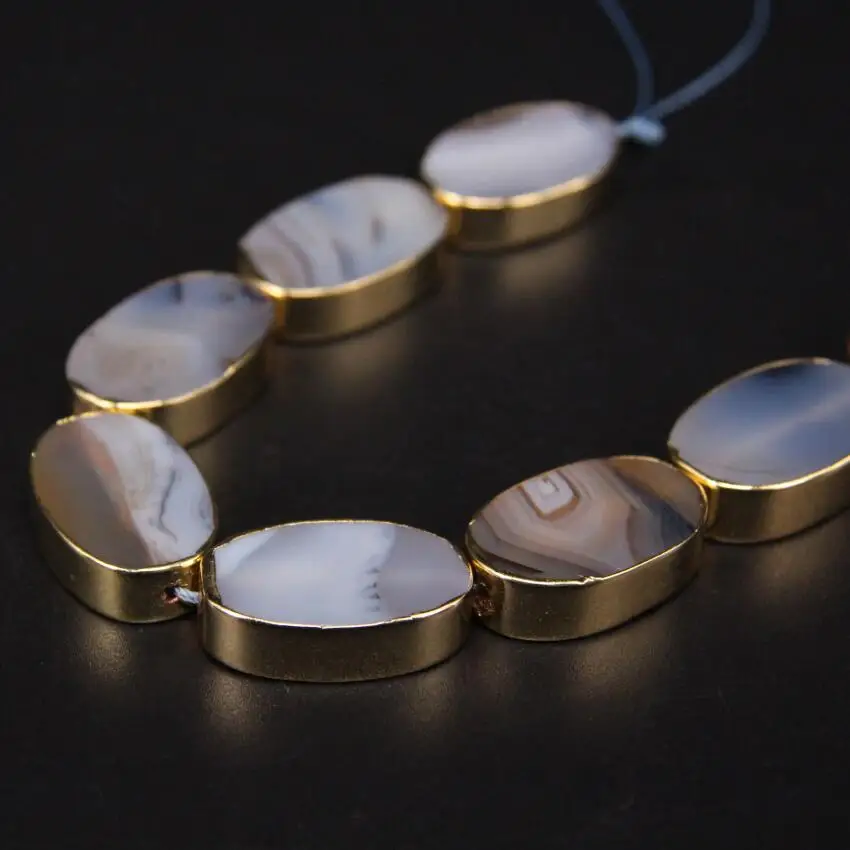 11pcs Natural Grey Marine Agates Flat Oval Slice Beads Plating Gold Edged Gems Stone Slab Pendants Bracelets Jewelry Making | Украшения и