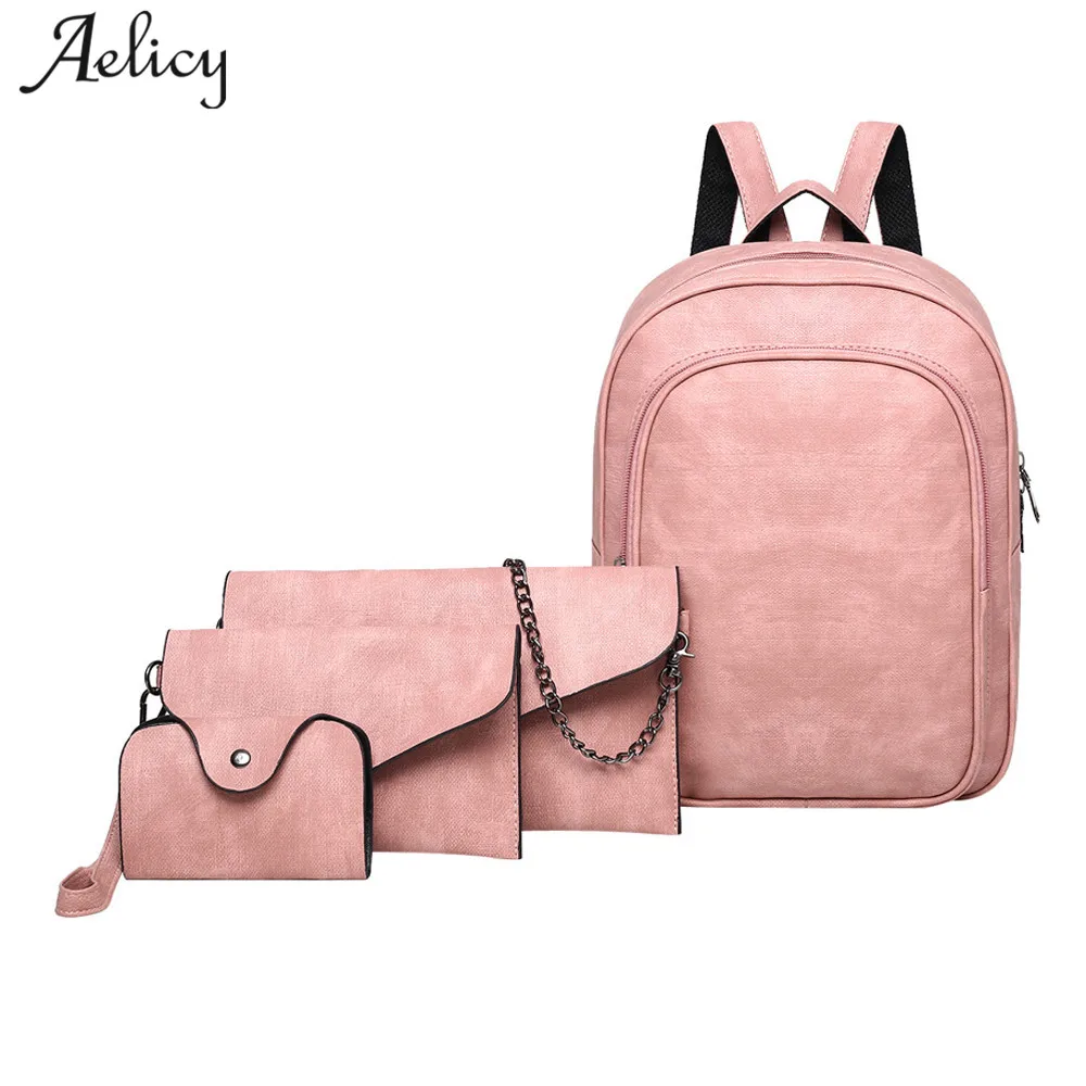 Aelicy 4 шт./компл. рюкзак Для женщин рюкзак из искусственной кожи плюшевые Школьные рюкзаки сумки для девочек-подростков, рюкзак на спине - Цвет: Розовый
