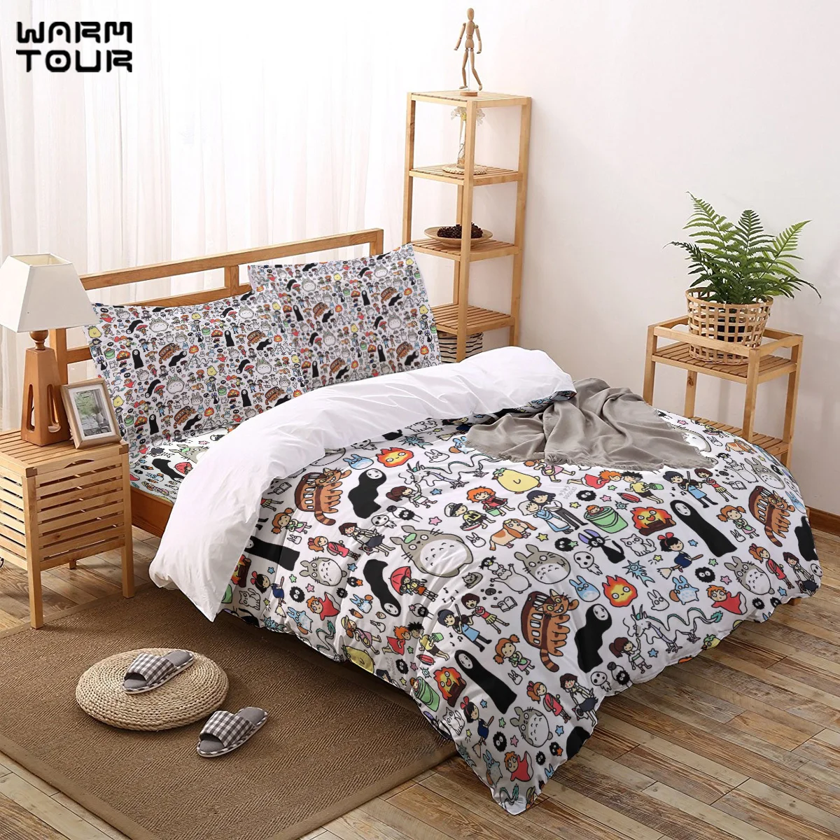 

WARMTOUR Duvet Cover Kawaii Ghibli Doodle Duvet Cover Set 4 Piece Bedding Set For Beds