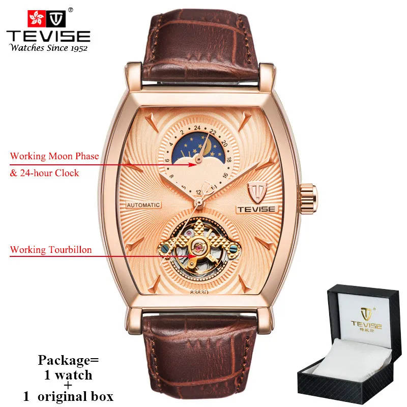 brown 1 Tevise механические Автоматические часы для мужчин бизнес Tourbillon Топ люксовый бренд Relojes Hombre кожа Moon Phase часы 8383D - Цвет: brown 1