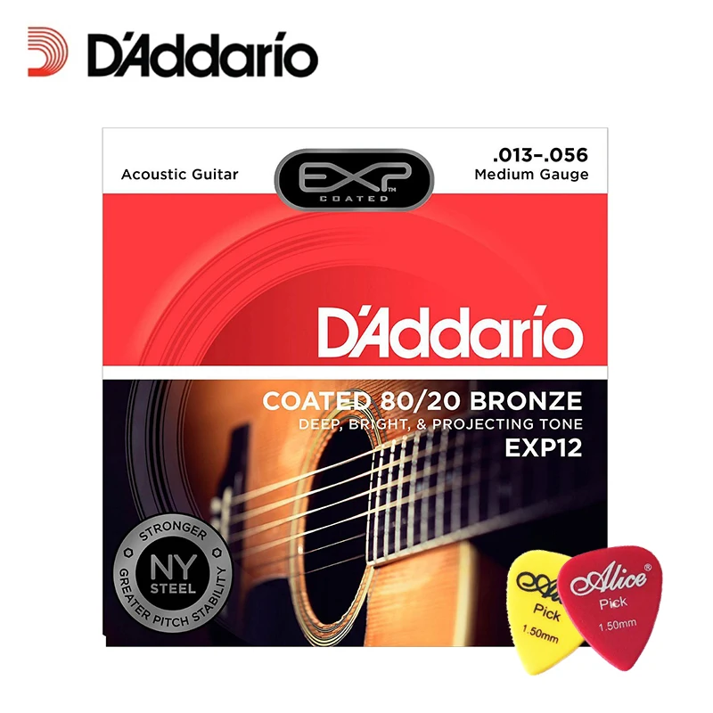 

D'Addario EXP12 with NY Steel 80/20 Bronze Acoustic Guitar Strings, Coated Medium, 13-56 Daddario Guitar String(With 2pcs picks)