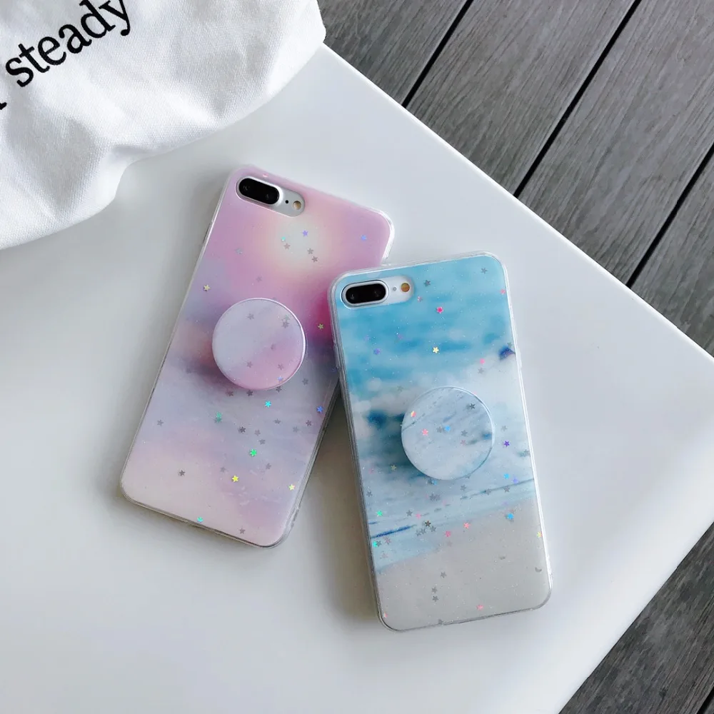 Zxtrby Simple Sea Beach Glitter Soft Phone Case With Holder for iPhoneX XS XR XSMax 6s 7 8Plus Back Cover Coque |