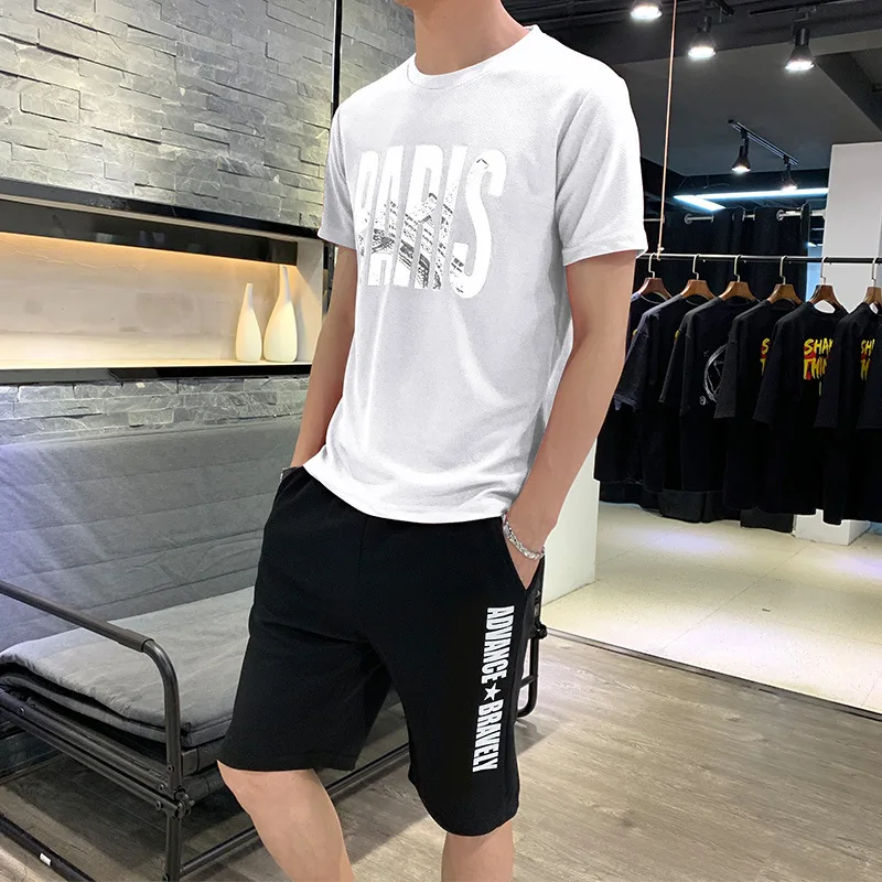 White Новинка, мужская Тонкая футболка, повседневные шорты, однотонный костюм с круглым вырезом и буквенным принтом, Молодежная рубашка, модный тренд, комплект из двух предметов - Цвет: White