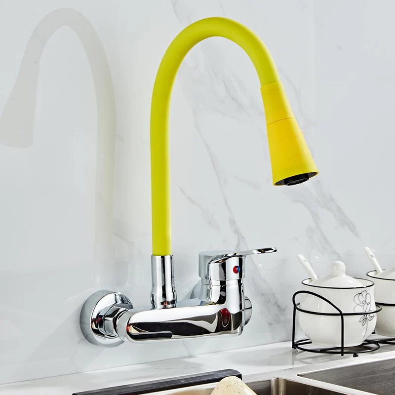 wall mounted kitchen faucet wall kitchen mixers kitchen sink tap 360 degree free swivel flexible hose double holes free global shipping