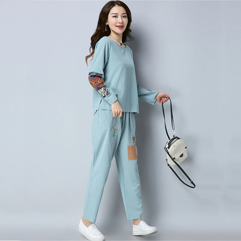 Женский костюм в этническом стиле amberhear хлопковый льняной топ с аппликацией +