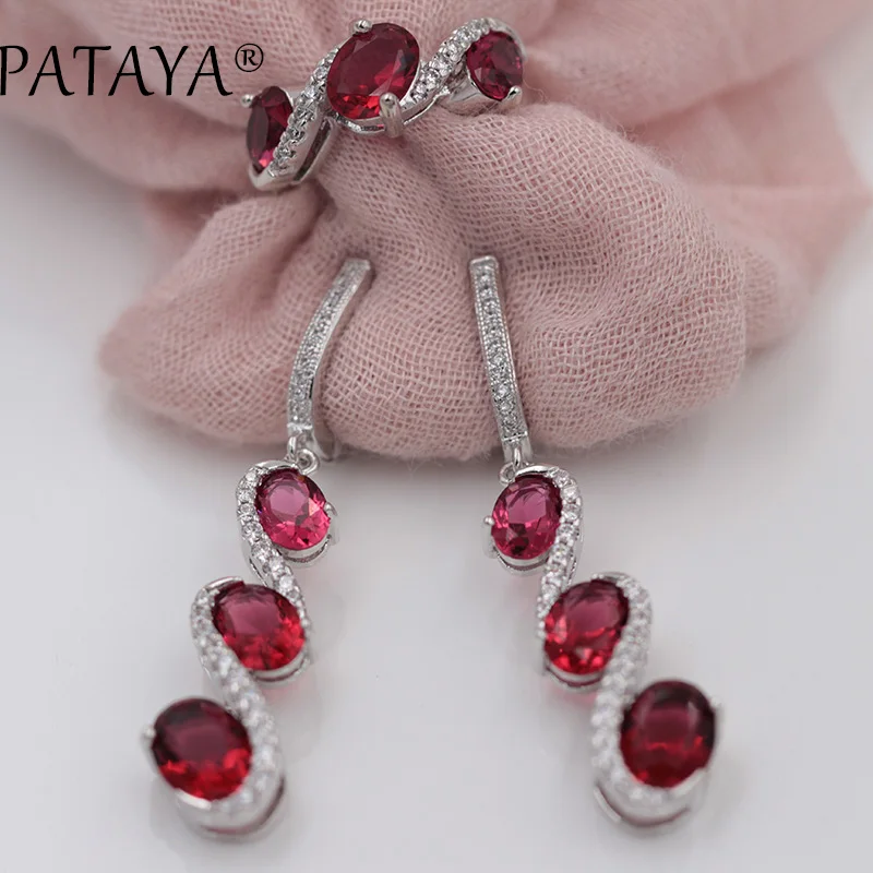 rose red PATAYA многоцветный женский роскошный комплект ювелирных изделий из настоящего белого золота для невесты, Красный овальный Природный Цирконий, длинные серьги, наборы колец - Окраска металла: rose red