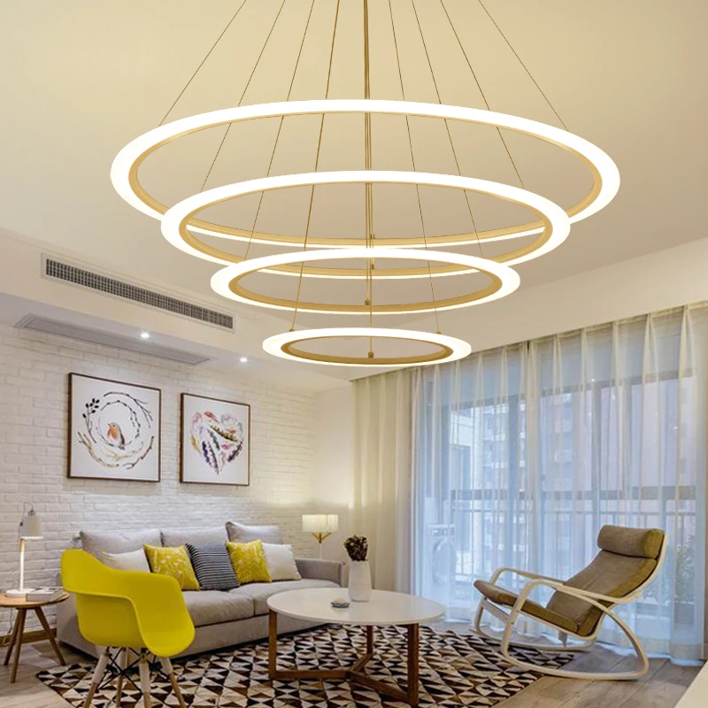 Modern Led lustre chandelier Acrylic Ring Living Room led lamp Stainless Steel Hanging Light Fixtures Adjustable Chandelier | Лампы и