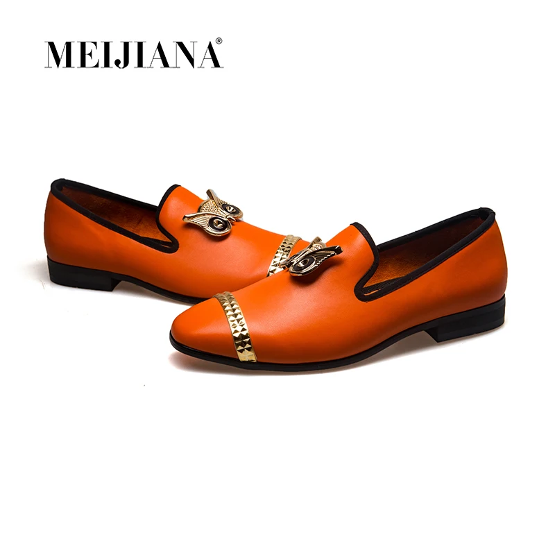 

MEIJIANA Metal Buckle Genuine Leather Shoes Brand Fashion Shoes Mens Loafer Leather Moccasins Banquet Shoes Owl Type Loafers Men