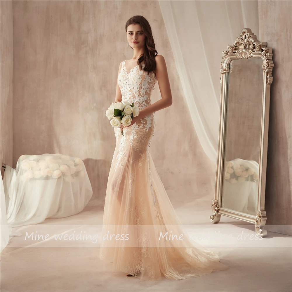 Великолепный Тюль & Lace Bateau Neck прозрачные облегающее платье Кружевные Аппликации