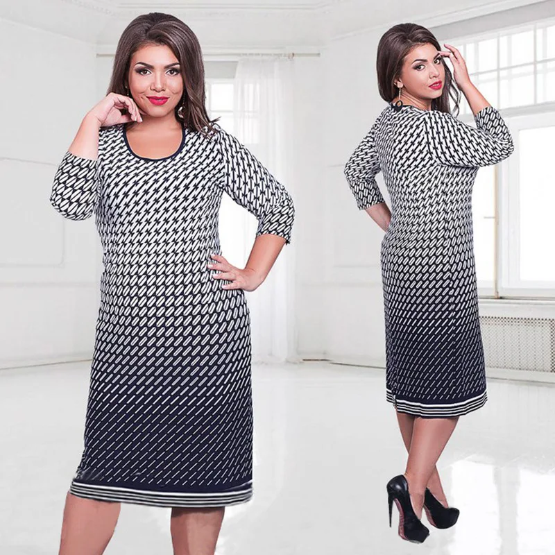 Women Plus Size Bodycon Dress Elegant Plaid Print Gradient Casual Slim Shift Three Quarter Sleeve Pencil L to 6XL | Женская одежда