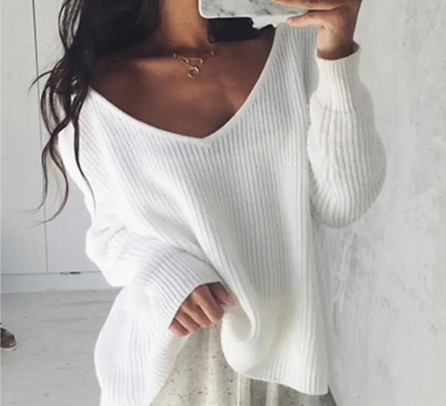 Женский вязаный свитер Осенний пуловер с глубоким v-образным вырезом и длинным