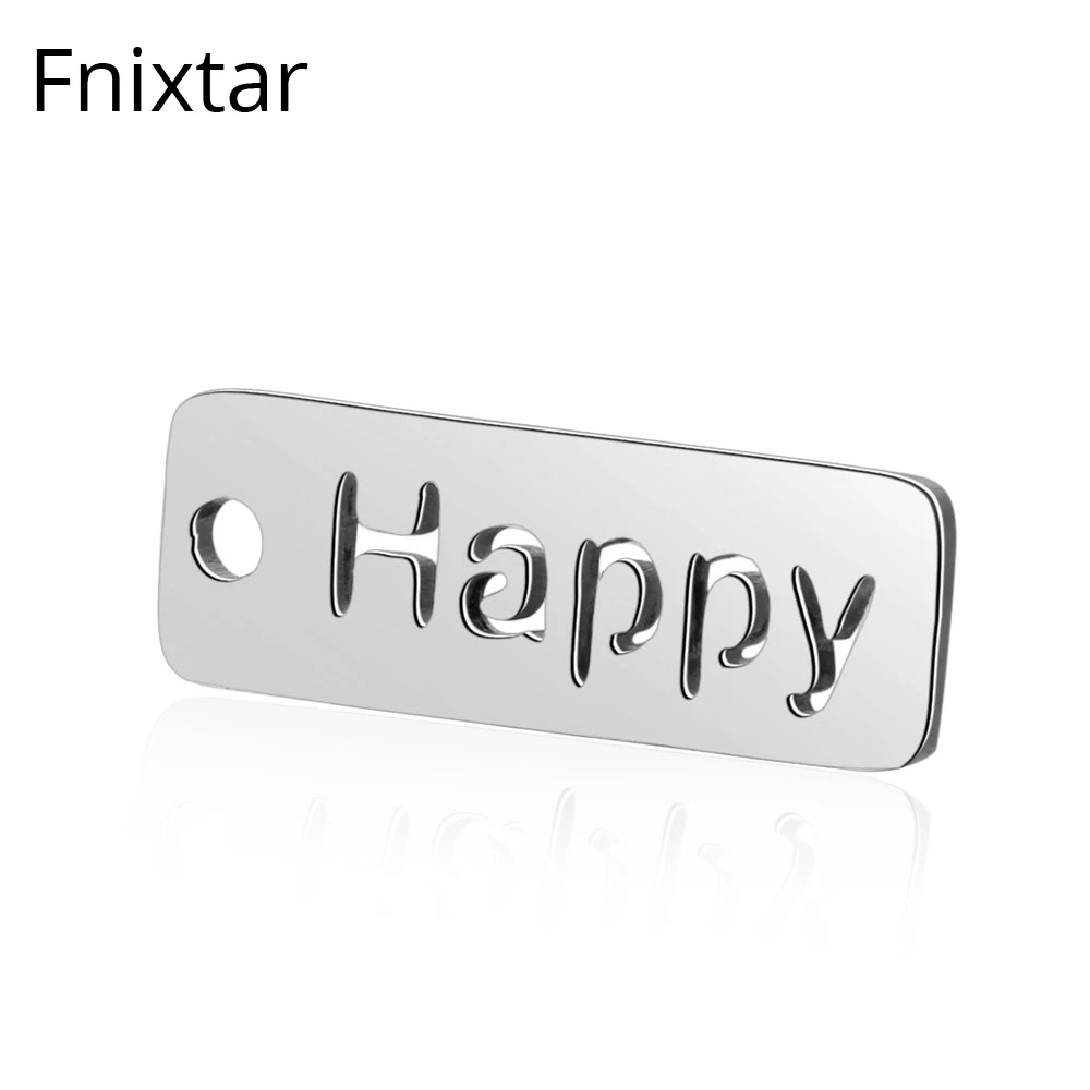 

Fnixtar 6*17mm Stainless Steel Hollow Happy Metal Charms Polished Jewelry Mini Charms Pendant For DIY Jewelry Making 20pcs/lot