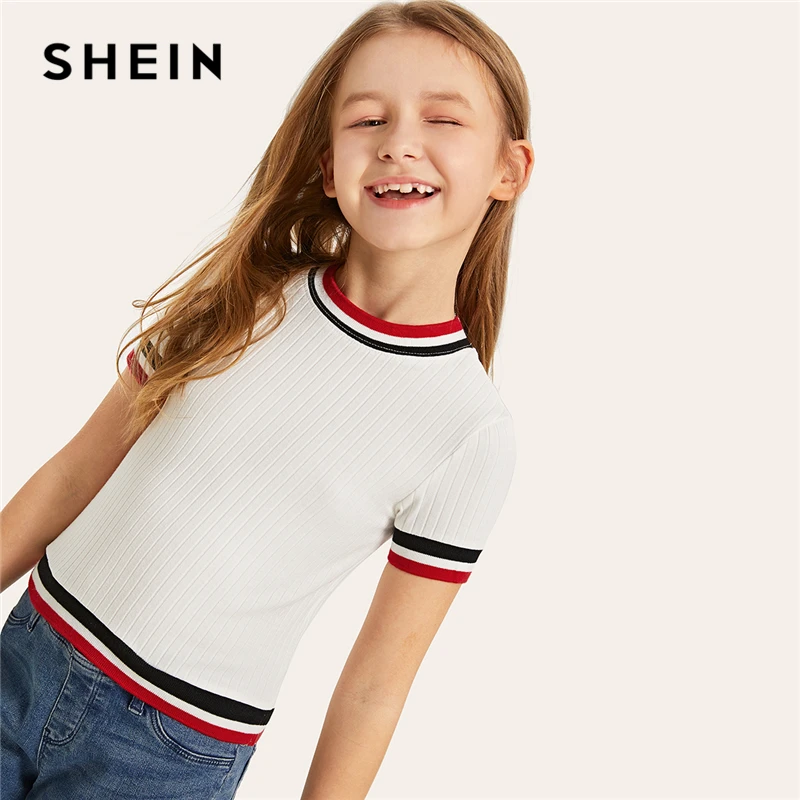 SHEIN Kids/белая полосатая Повседневная футболка в рубчик для девочек, одежда г. Летние корейские футболки с короткими рукавами Топы для активных девочек