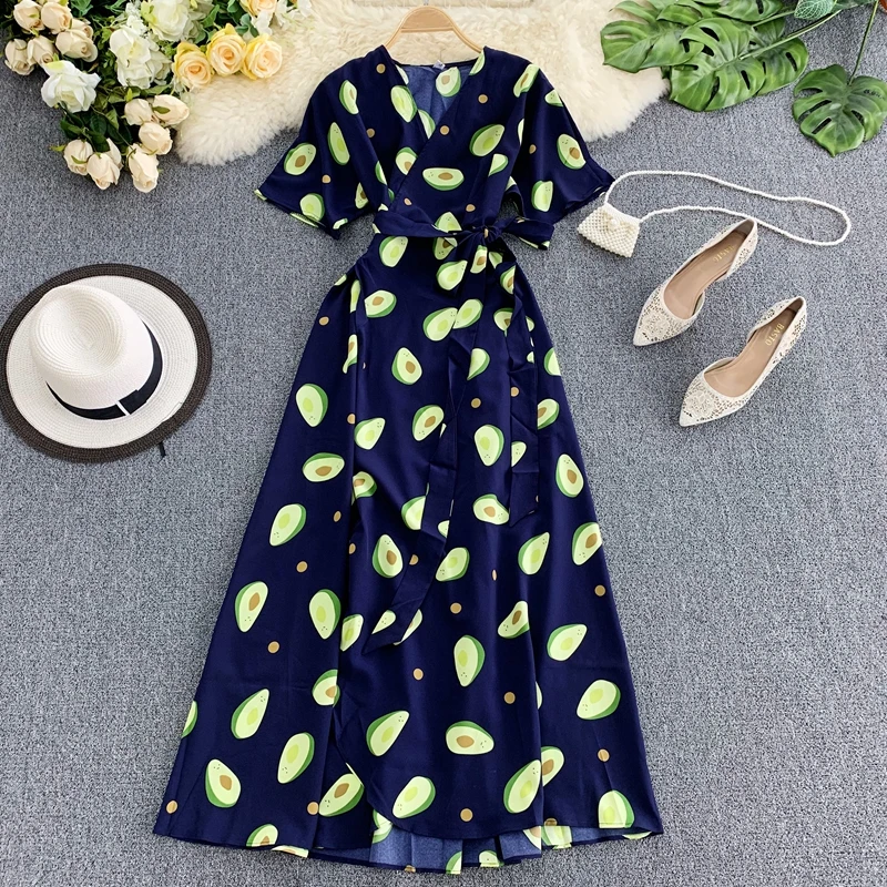 Женское длинное платье vestidos mujer новинка 2019 летнее в горошек с фруктовым принтом