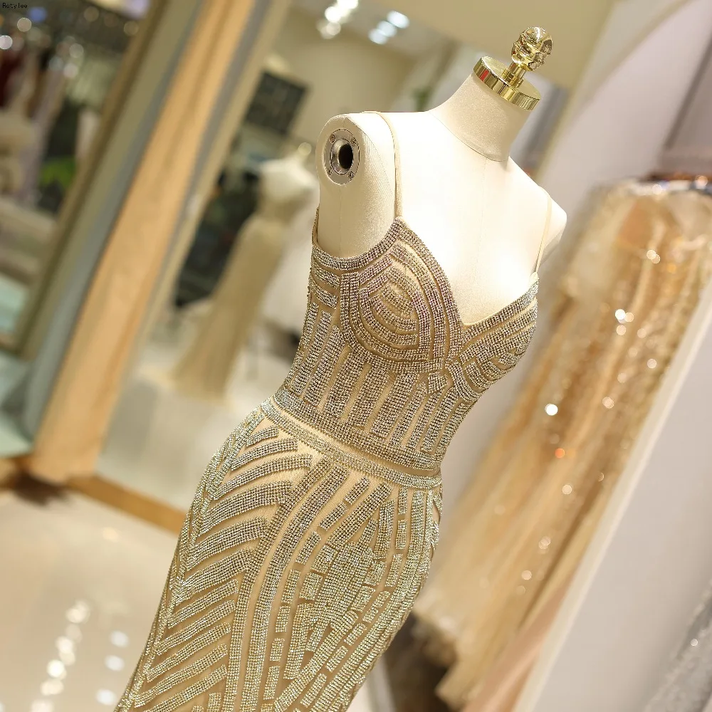 Черный/золотой Тюль Русалка Выпускные платья с тяжелые бусины Длинные Вечерние