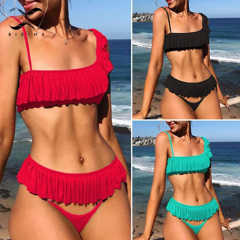 Бикини с оборками Bikinx летний купальный костюм одним плечом женский из 3 предметов