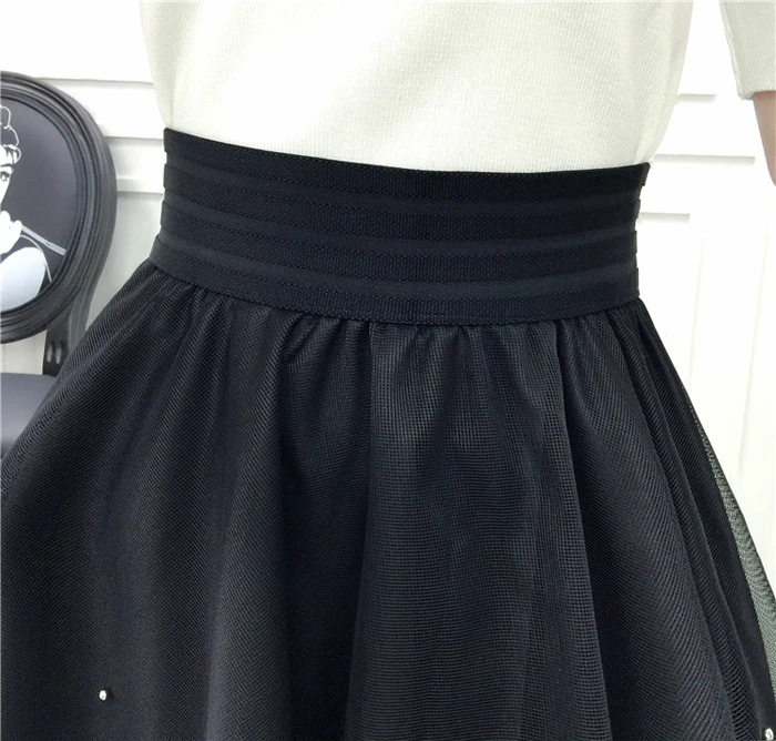 Tulle Skirt High Waist New Summer Women Black Mesh Beading Sweet Mini School Skirt Elastic Waist Tutu Skirt