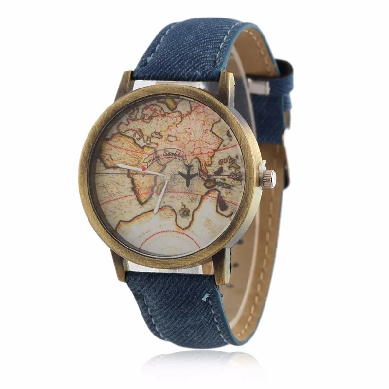 

(100 pieces/lot)Men Quartz Watch Women Vintage Fabric Leather Watches Female Aircraft World Map Wristwatch relogio clock