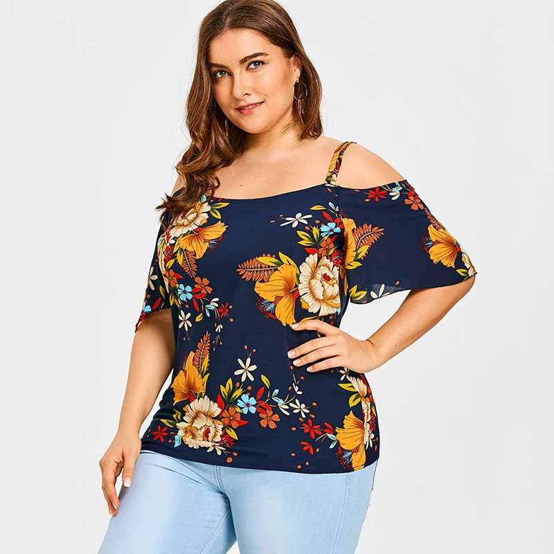 Plusmiss плюс Размеры 5XL Сексуальная с плеча цветочным принтом Boho блузки женские