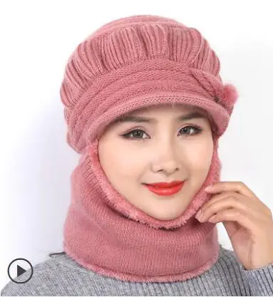 Зимние шапки Skullies Beanies, зимние шапки бини для женщин, шерстяной шарф, шапки, Балаклава, маска, капот, вязанная шапка в полоску - Цвет: pink