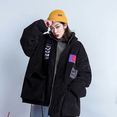Черный Hip-hop Chao brand corduroy oversize winter rope-pulling cloth with cotton jacket and loose BF tooling coat - Цвет: Черный