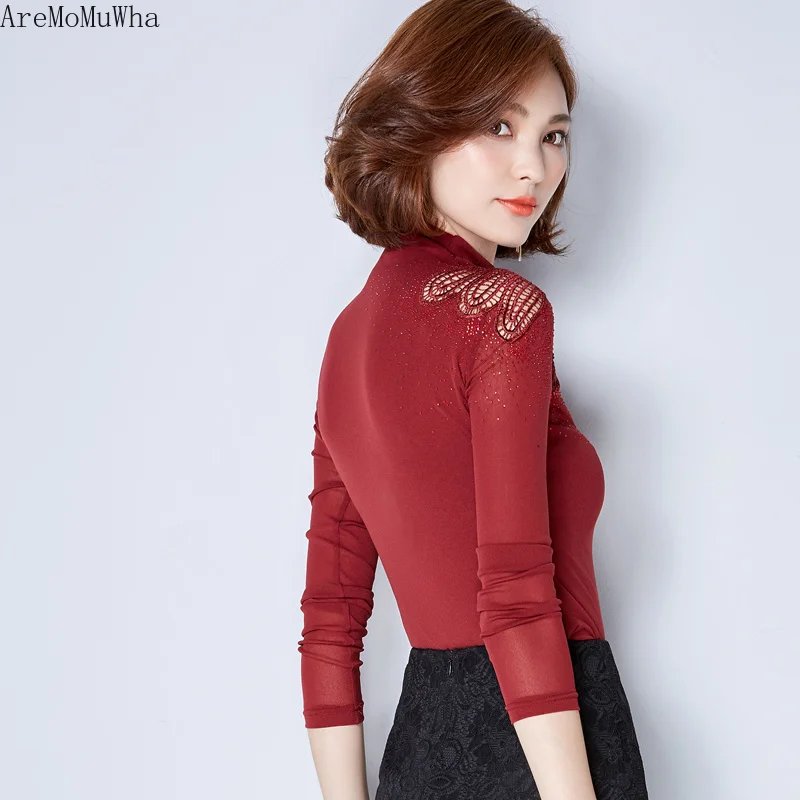 Новинка 2019 сетчатая нижняя рубашка AreMoMuWha женский тонкий кружевной топ с длинными