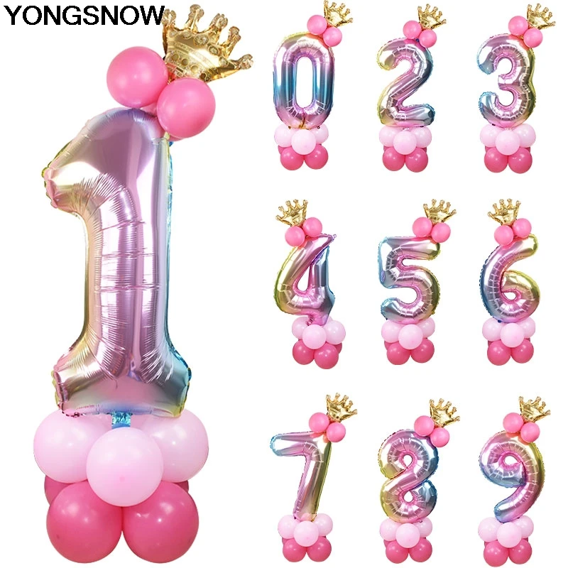 1 комплект радужных шариков с цифрами из фольги и латексных в виде короны