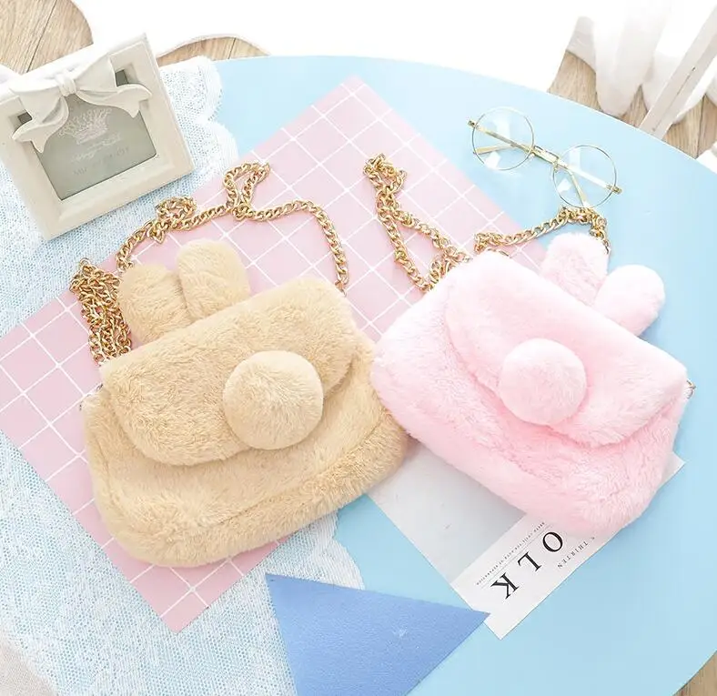 

Kawaii Plush Bunny Ear Rabbit Tail Shoulder Bags Mini Phone Wallet Bag Purse Cartoon Lolita Chain Strap Sweet Girl Cute 4 Colors