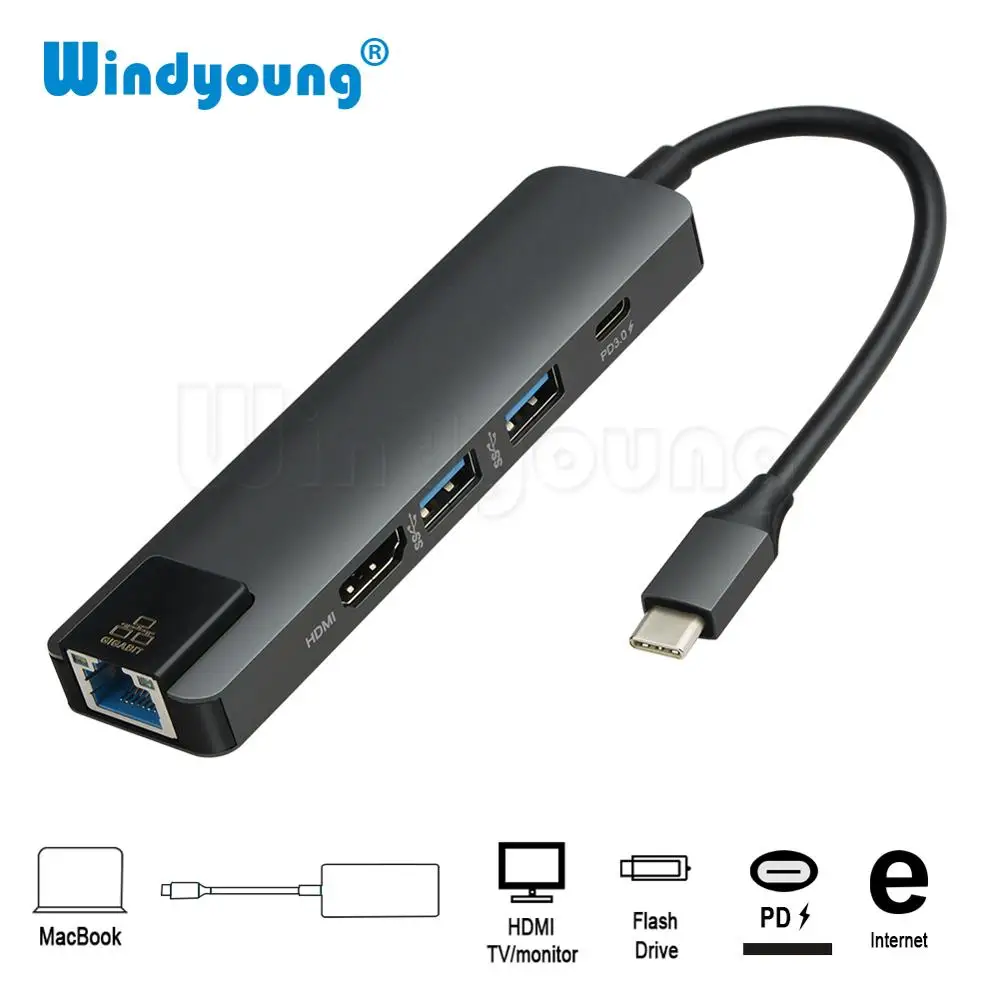 Адаптер USB C к Gigabit Ethernet RJ45 Lan Type HDMI 4K с 2 портами 3 0 хаб для Macbook Pro iPad Pro|USB-хабы| |