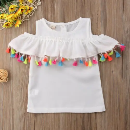 Новая модная детская одежда для маленьких девочек Футболка с бахромой Цвет белый