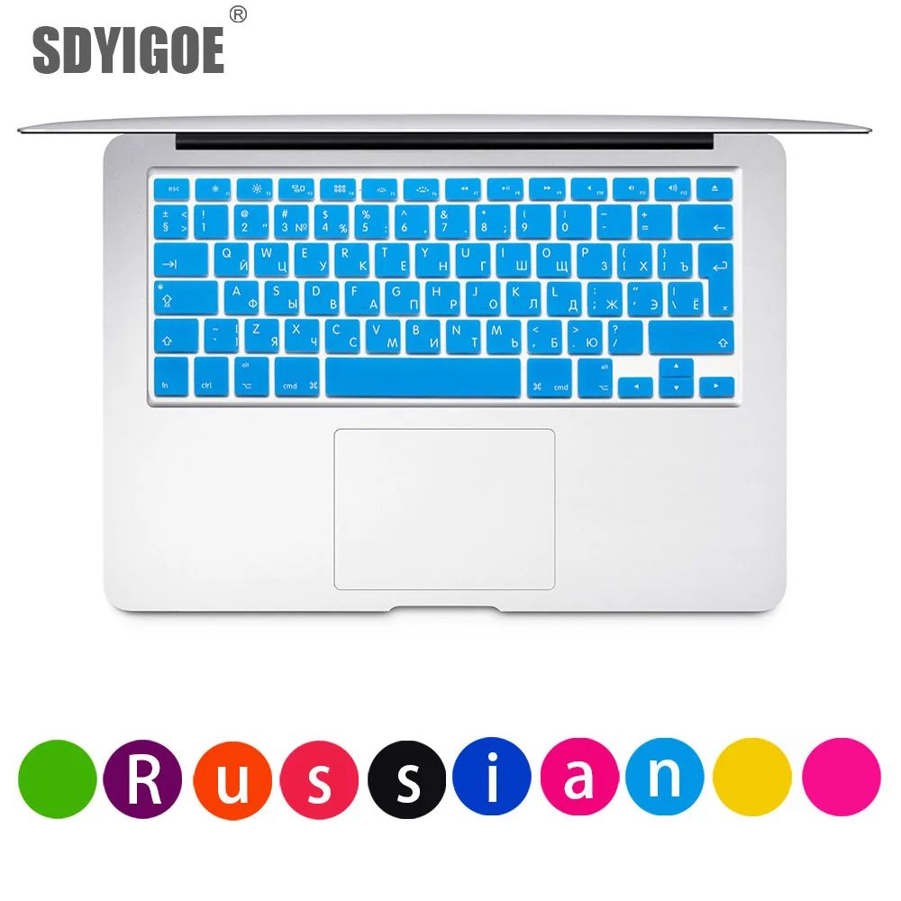 Синий Русская клавиатура для apple macbook pro, чехол для клавиатуры air 1" 15pro A1466A1502A1398A1278EU-Enter, силиконовая клавиатура, защитная пленка - Цвет: Синий