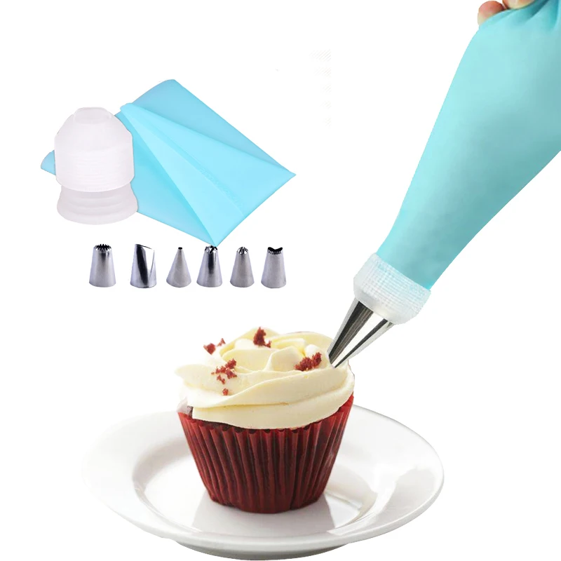 Горячие силиконовые глазировки Крем кондитерский мешок + 6 X Нержавеющая сталь