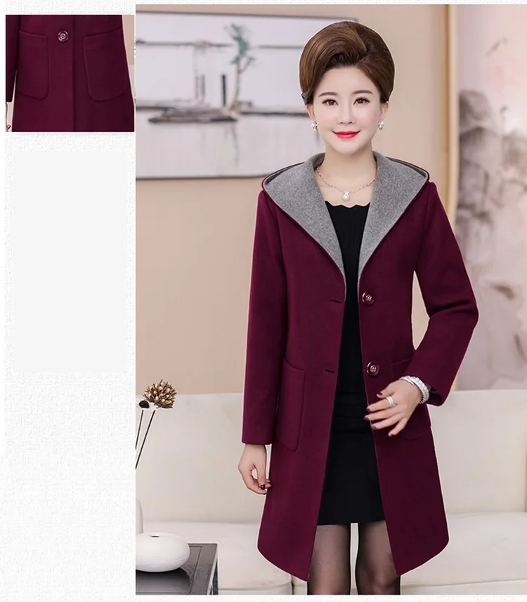 Autumn Winter Woolen Coat Women Hooded New Middle-aged Mother Clothes Long Slim Wool Coat Womens windbreaker Plus Size coat 5XL