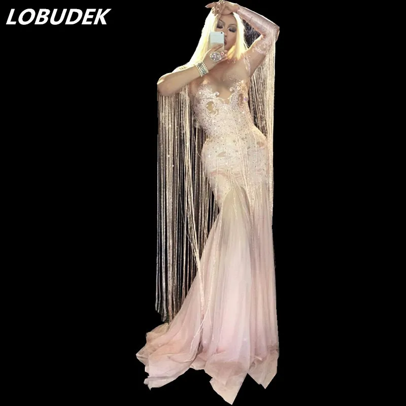 dress Розовый яркими кристаллами женский костюм пикантные камни женское длинное платье на свадьбу, на выпускной, торжественное для ночного клуба DS для ди-Джея свет для сцены парти вечерние бар костюм для шоу - Цвет: dress