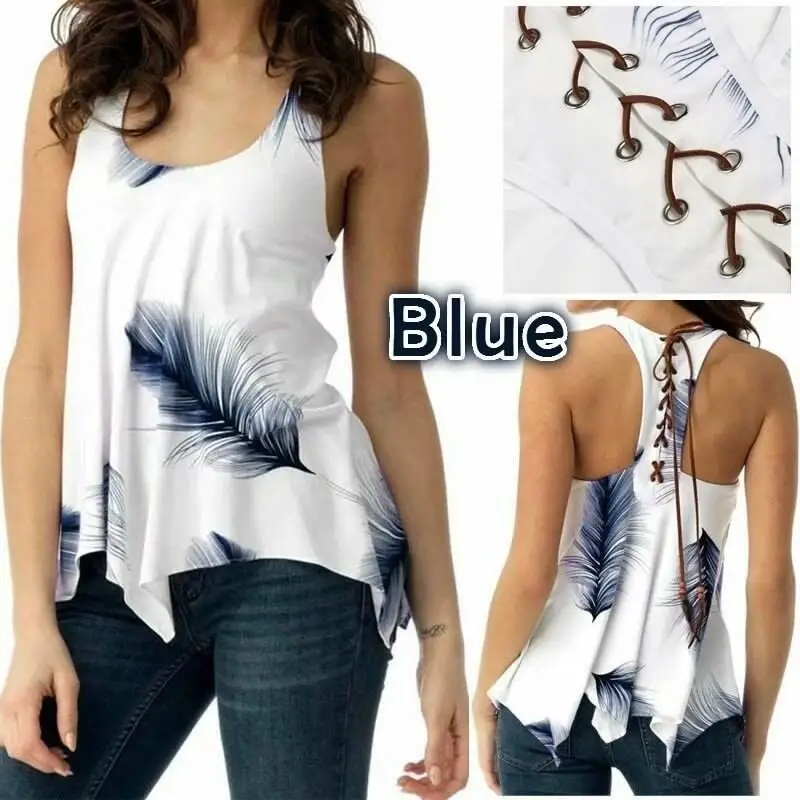 Модные женские топы без рукавов с принтом перья и круглым вырезом летние