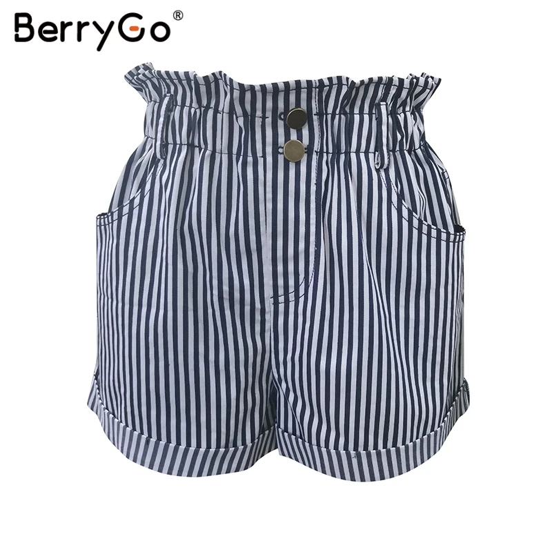 BerryGo/Полосатые женские шорты с эластичным поясом и пуговицами на молнии