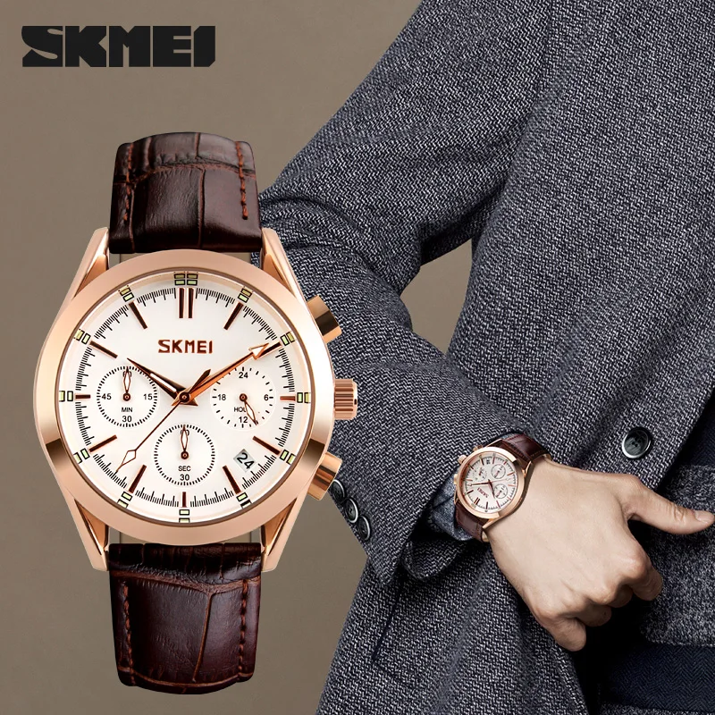 

SKMEI Men Quartz Wristwatches Fashion Casual Watch Leather Strap Complete Calendar Man Watches Auto Date Luxury Male Clock