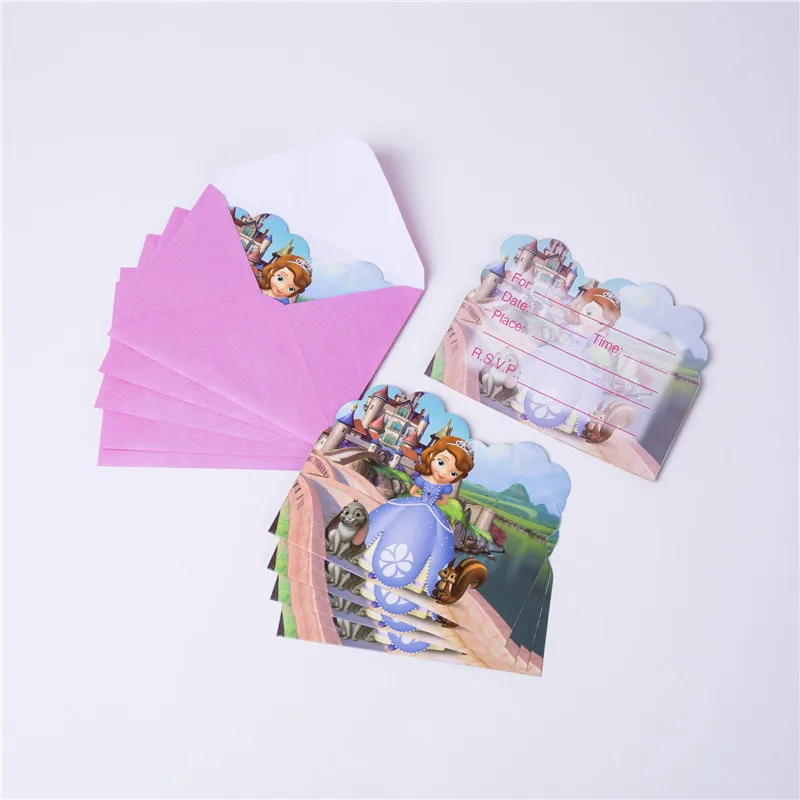 Inviting card 6 pcs Мультяшная Принцесса София одноразовые бумажные стаканчики тарелки салфетки баннер скатерть детский душ День Рождения украшения принадлежности - Цвет: Inviting card 6 pcs