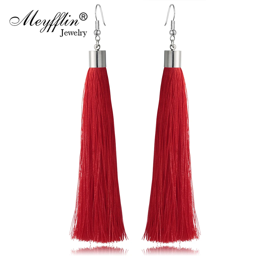 Женские длинные серьги Meyfflin синие шелковые с бахромой в этническом стиле 12