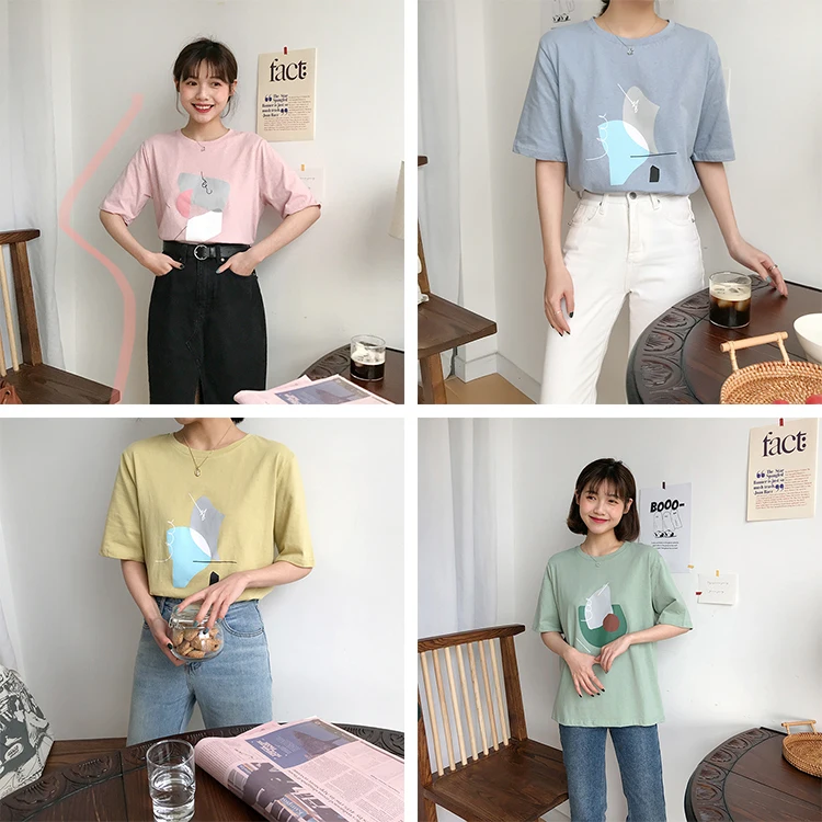4 цвета лето 2019 корейский стиль Цветные Лоскутные свободные хлопковые футболки с