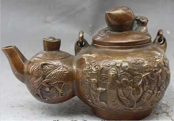 ZSR 1031 + 6 &quotКитайский Бронзовый Восемь Бессмертных Персик Кран Yuanbao Вино Pot Чайник