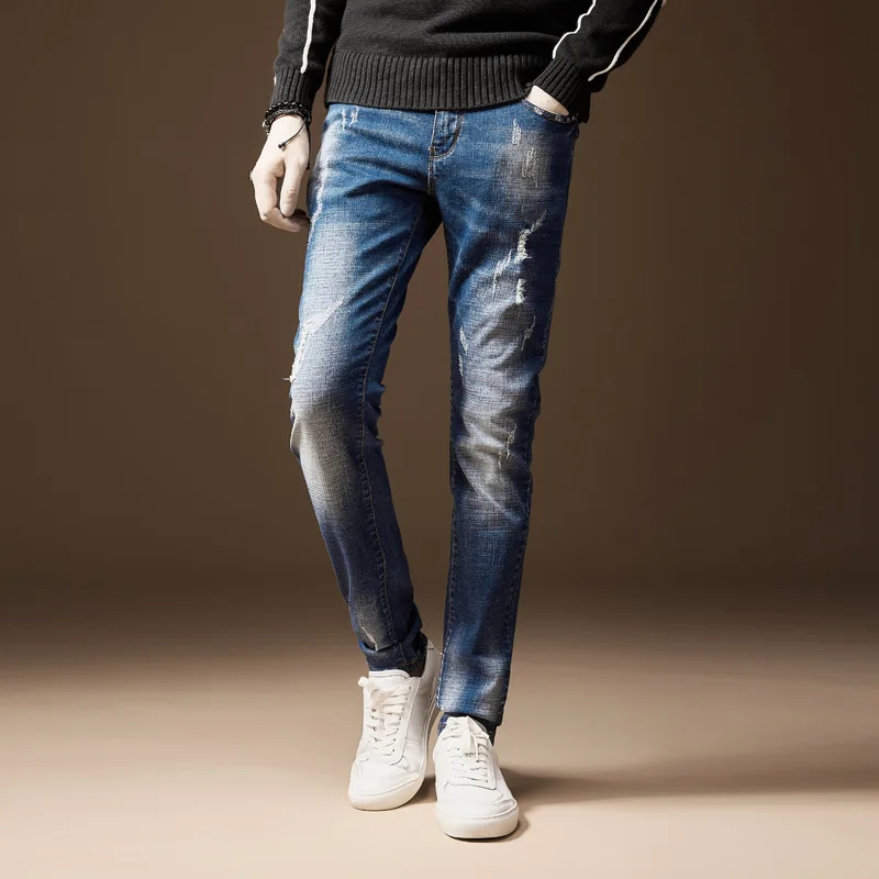 

Men's Jeans Classic Direct Stretch Dark Blue Business Casual Denim Pants Slim Scratched Long Trousers Gentleman Cowboys