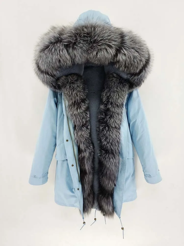 silver fox fur Непромокаемая Длинная зимняя парка Куртка женская Меховое пальто Воротник мех лисы Теплая уличная мода новая - Цвет: silver fox fur