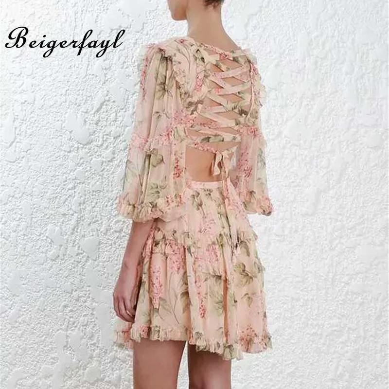 Beigerfayl Sexy Women Beach Elegant Dress Lantern Sleeves 2019 Bohemian Deep V Neck Long Sleeve Floral Print TDR15651 | Женская одежда