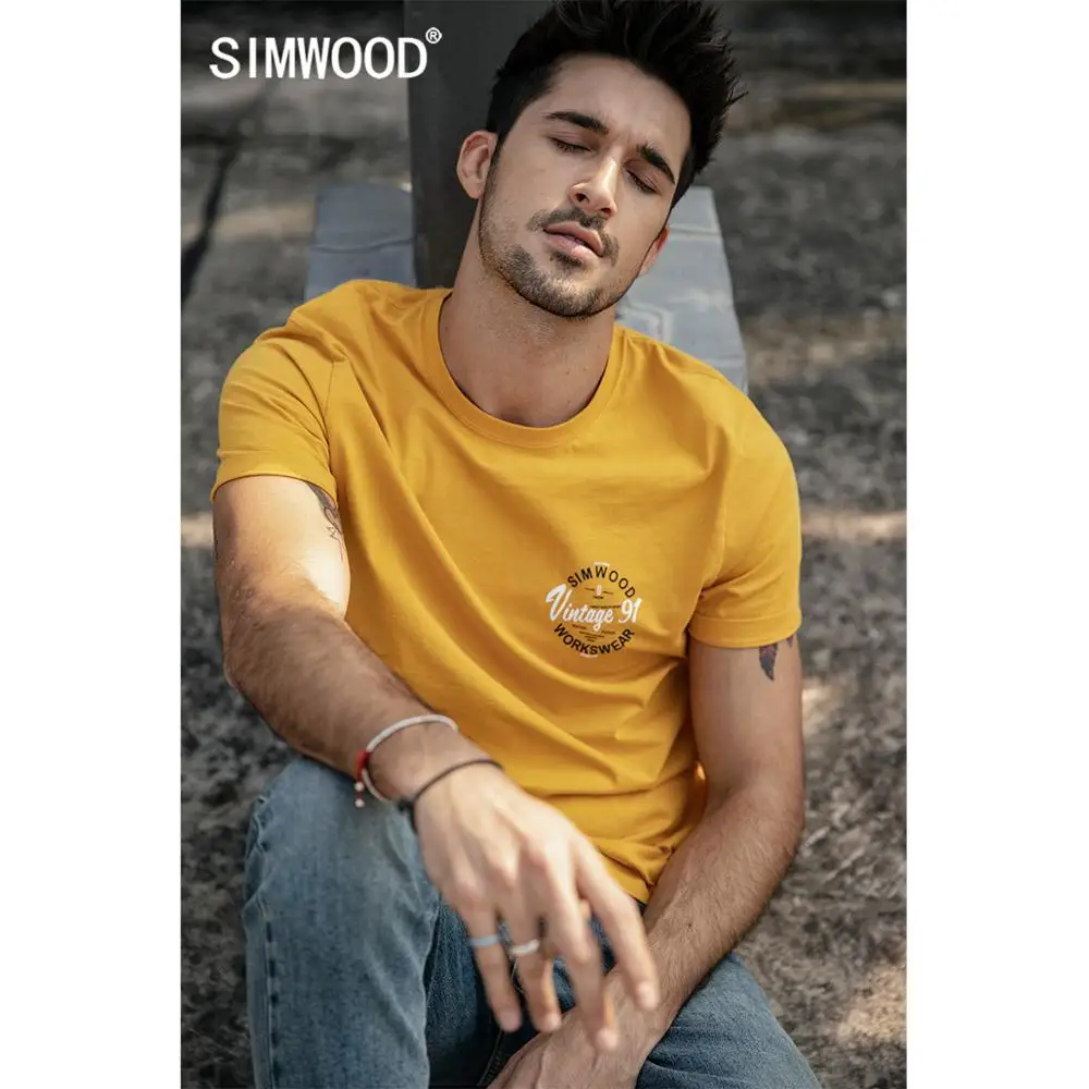 SIMWOOD, летняя мужская футболка, хлопок, принт с буквами, футболка, модный топ размера плюс, высокое качество, футболка, брендовая одежда 190154